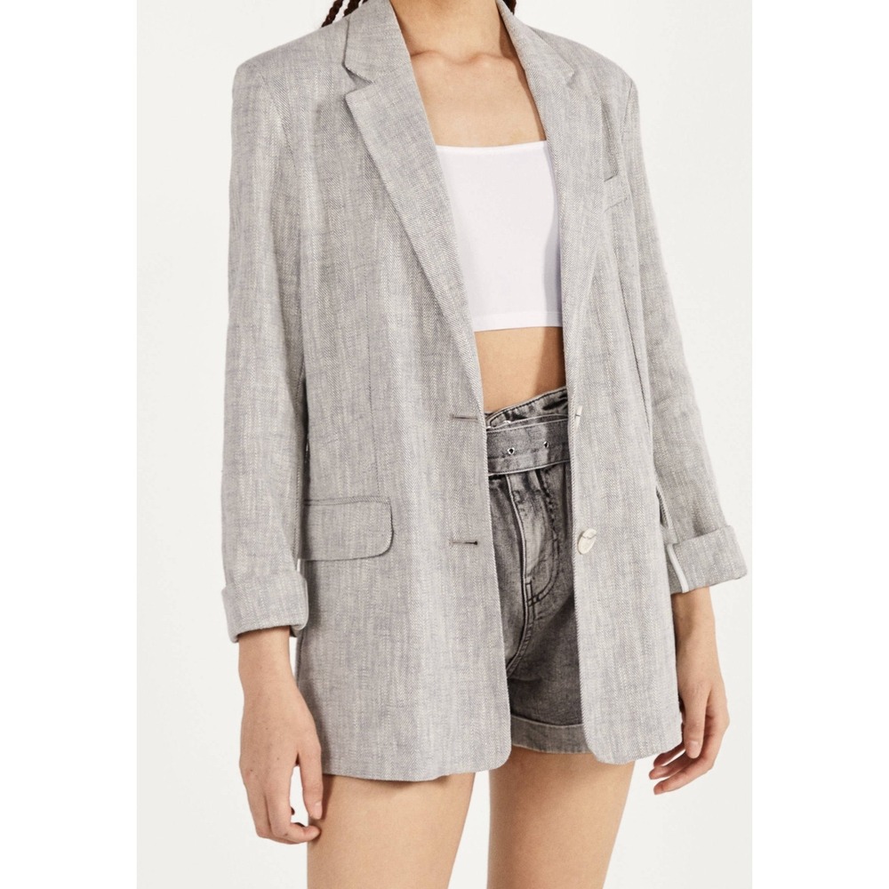 Bershka Womens Grey Herringbone Ramie Cotton Blazer Jacket XS